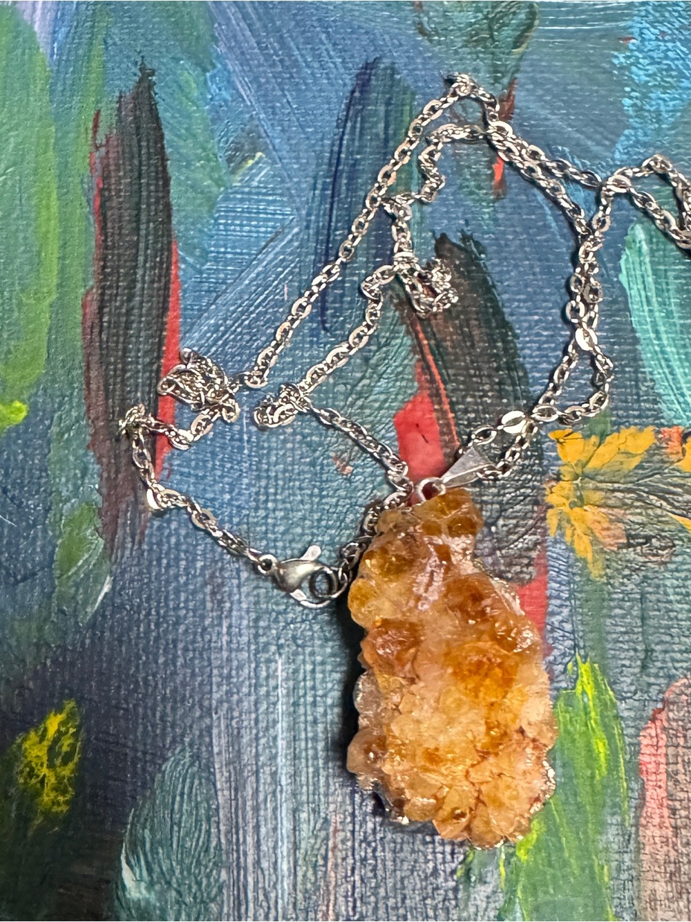Natural Citrine Druze Crystal Pendant Necklace - 20” Stainless Steel Chain